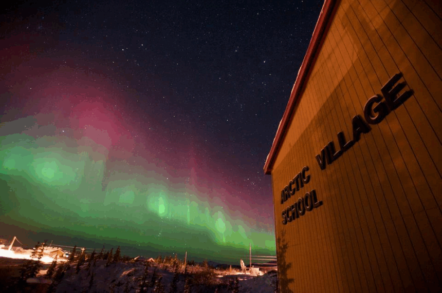 Arctic Village School with Northern Lights